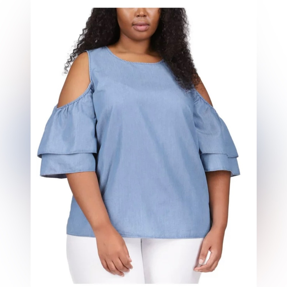 MICHAEL KORS Womens Blue Cold Shoulder Keyhole Back Logo Plate Short Sleeve